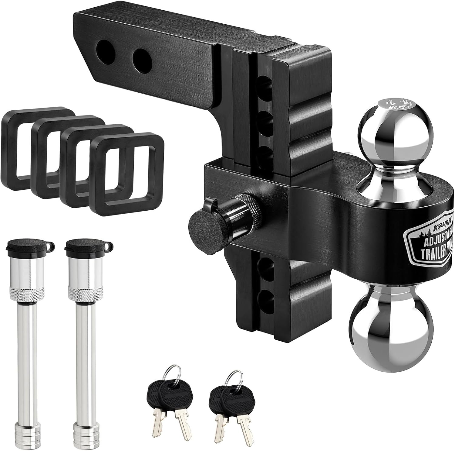 Kohree 6" Adjustable Trailer Hitch Fit 2 Inch Receiver, Dual Solid Ball 2" and 2-5/16"(12,500 LBS GTW), Drop & Rise Heavy Duty Aluminum Tow Hitch with 4 Silencer Pads & 2 Locking Hitch Pin, Black
