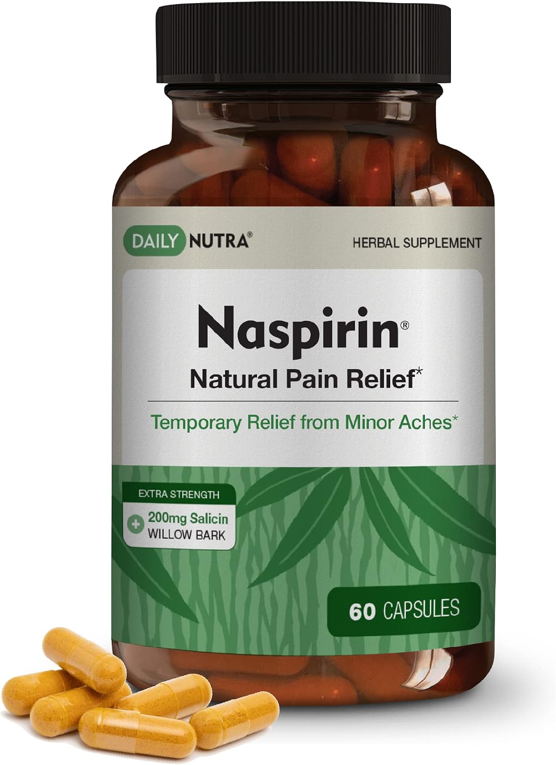DailyNutra Naspirin Willow Bark Formula - Natural Relief for The Head, Back, Shoulder, Neck, Knees, & Joints - Extra Strength White Willow Bark Supplement with Turmeric & Boswellia - (60 Capsules)