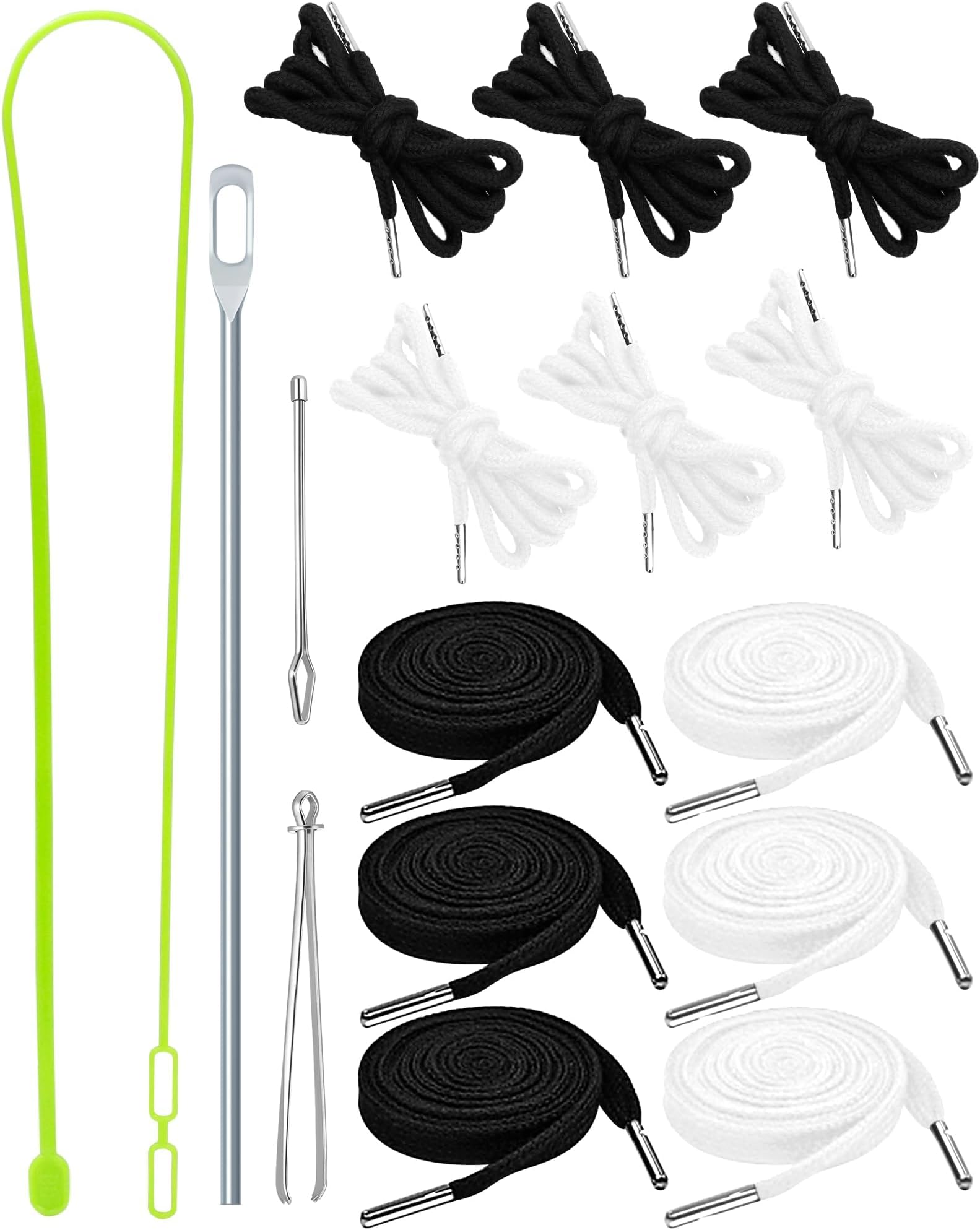 16 Pcs Drawstring Replacement Cord Kit with Threader Tools and Bodkin, Flat and Round Strings in Black & White for Hoodies, Pants, Shorts and Bags
