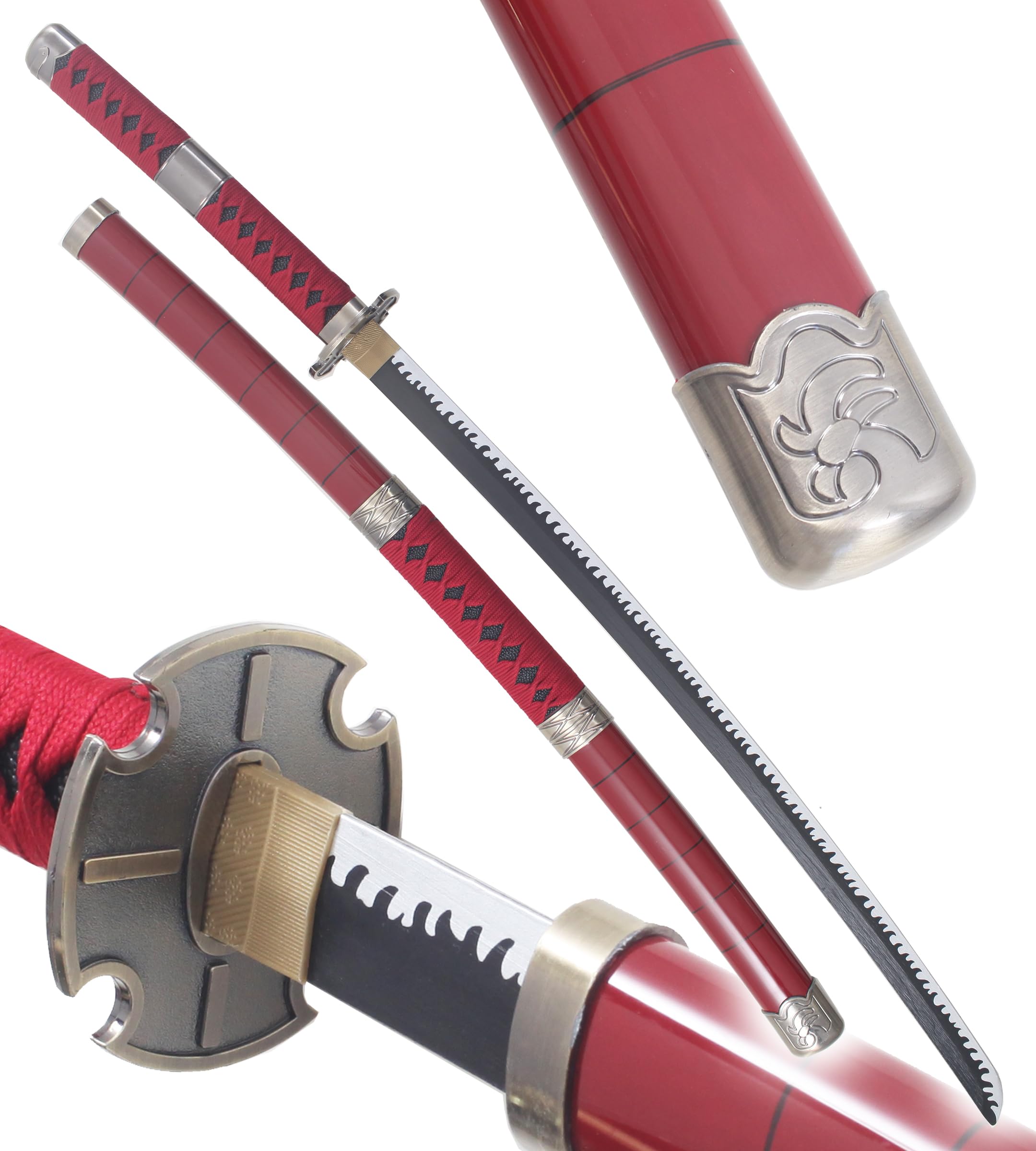 Pack 3 Katanas One Piece en Bois - Lame Zoro Sabre Epee Enma Wado Kitetsu - Cosplay Camping + Présentoir