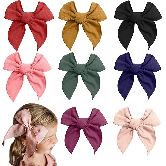 8PCS Large Fable Hair Bows for Girls, Cotton Linen Hair Bow