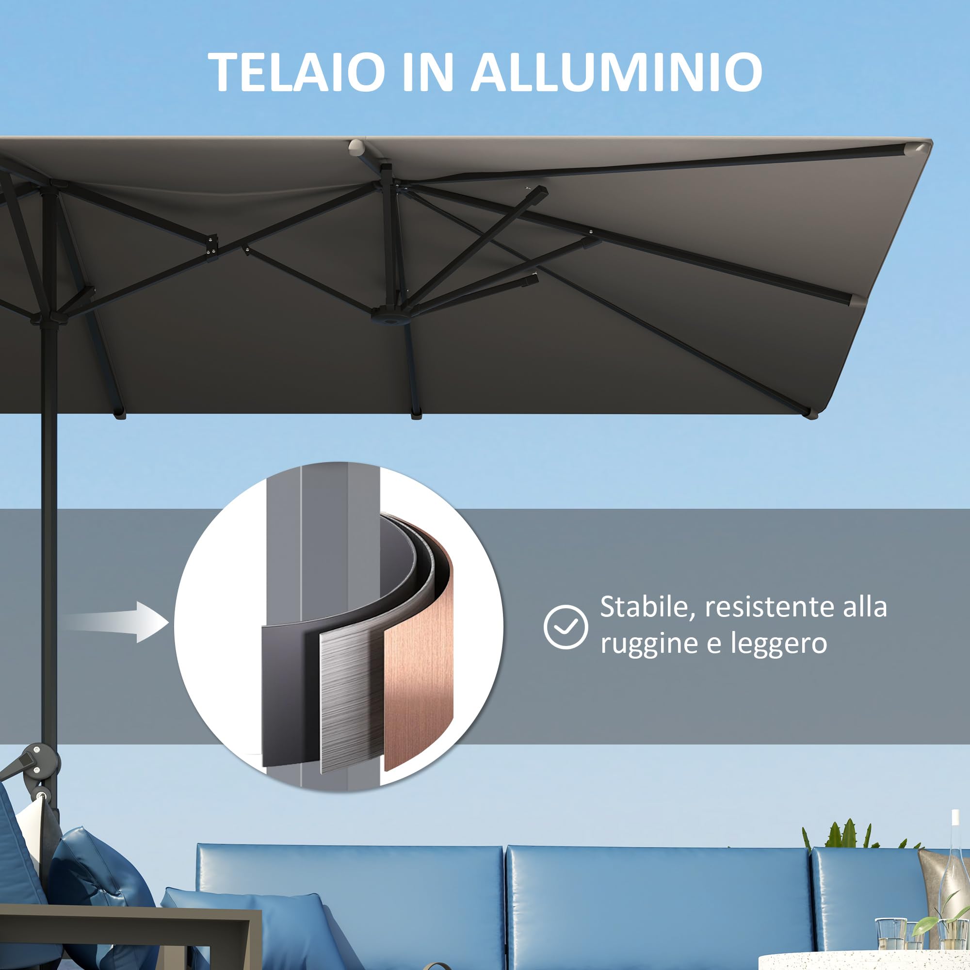 Outsunny Ombrellone da Giardino Doppio 4.5x2.6 m Anti UV50+ Grigio Scuro | Con Manovella, Ombrellone per Esterno, 12 Stecche, Alluminio, Poliestere 200g/㎡, per Cortile, Terrazza