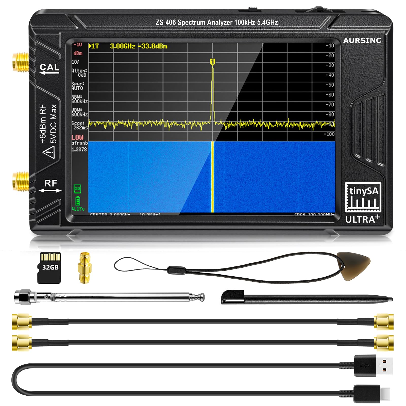 AURSINC Ultra TinySA 4 Inch Spectrum Analyzer Portable V0.4.5.1 100kHz-5.3GHz Frequency Analyzer | Built-in 3000mAh Battery & 32GB SD Card PC Control RBW LNA DANL Phase Noise RF Signal Generator