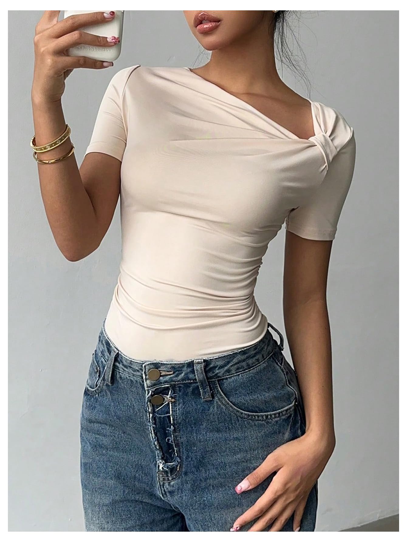 MakeMeChic Women's Off The Shoulder Tops Bow Y2k T Shirt Short Sleeve Fitted Summer Tee