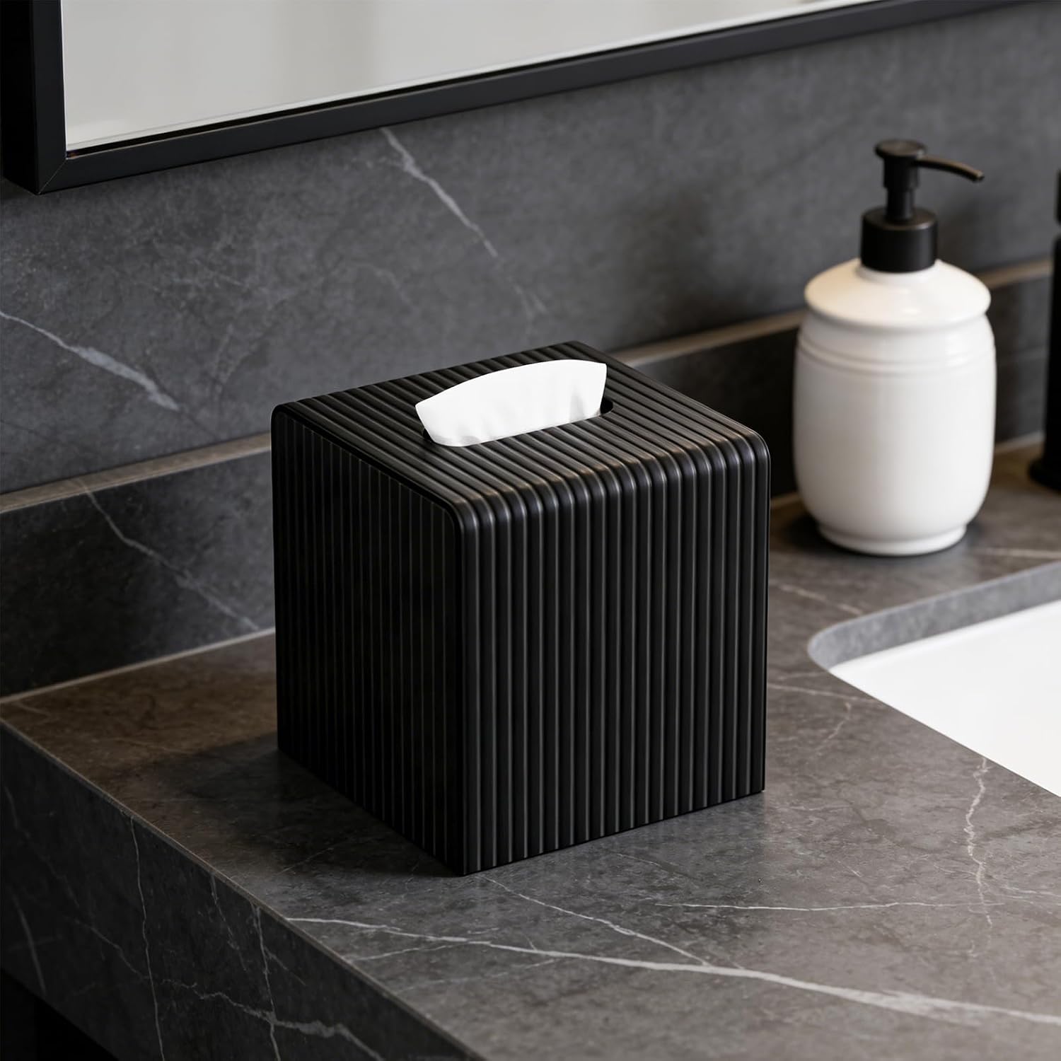 Black Tissue Box Cover, Square Modern Facial PU Leather Tissue Holder Napkin Dispenser Accessories for Bathroom Vanity Countertop,Bedroom Dresser,Night Stand,Desk,Office