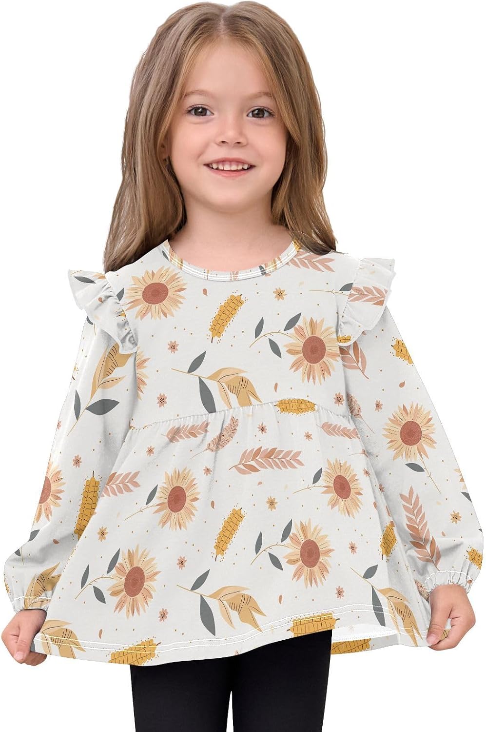 visesunny Toddler Clothes for Girls Corn Sunflower Design Long Sleeve Fall Shirts Cotton Top with Ruffle Collar