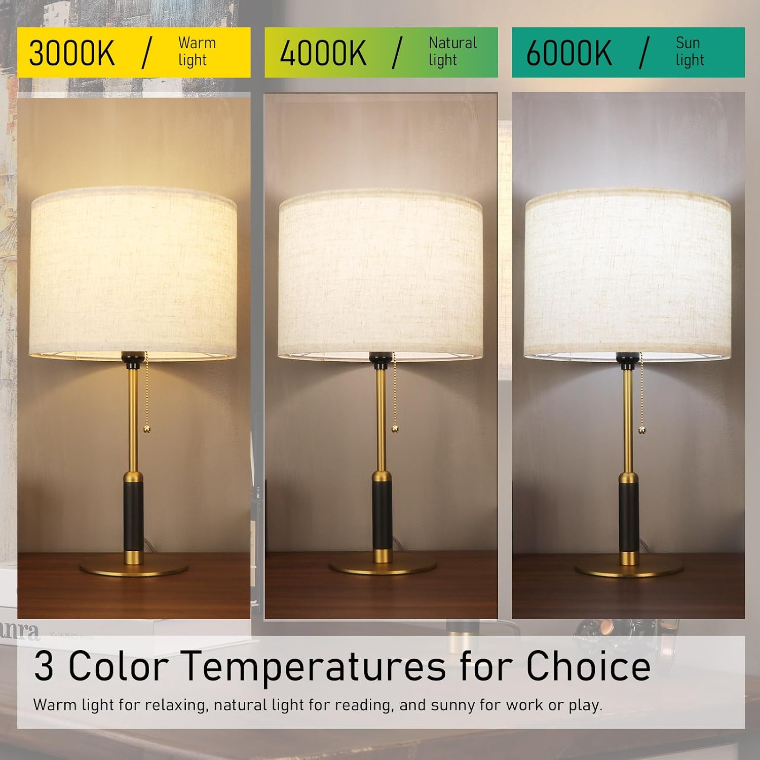 21" Set of 2 Mid Century Modern Table Lamp with Pull Chain Switch, 3-Color Bedside Lamps for Bedroom Living Room, Solid Wood/Metal/Fabric Nightstand Lamp for Home Office (Light Brown+Brass)
