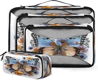 Watercolor Butterfly Flowers 4 Piece Packing Set Mesh Organizers with Lightweight Design for Luggage Backpacks Business Trips Outdoor Adventures and Toiletry Storage