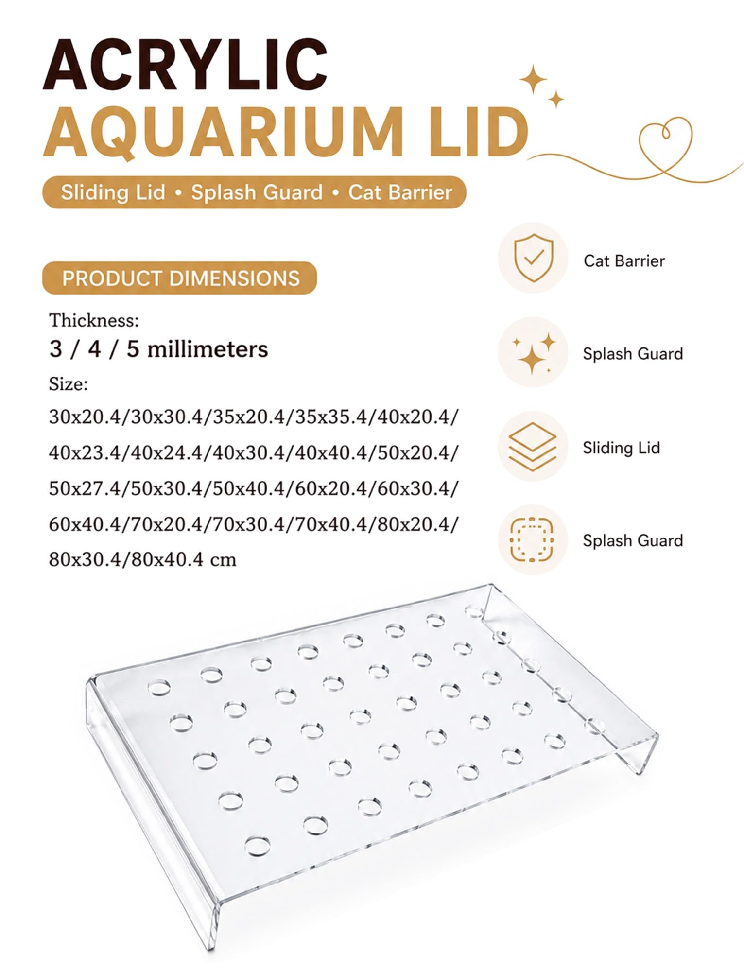 Akrylowa przesuwana pokrywka do akwarium | Wiele rozmiarów Przesuwana akrylowa osłona Otwory wentylacyjne Anti Jump Cat Proof(3 mm,11.8x8.0in/30cm x 20.4cm)