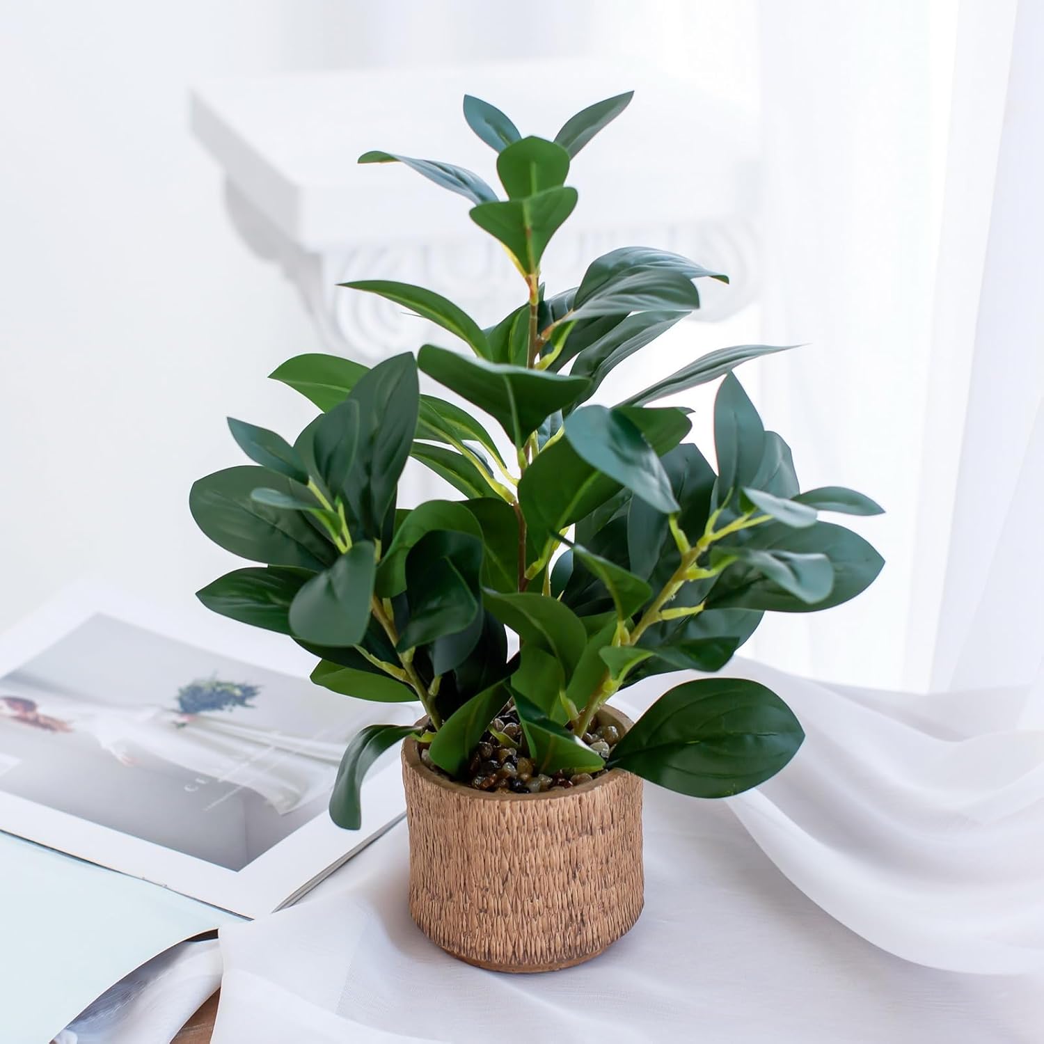 12.6" Fake Plants in Brown Ceramic Vase Real Looking and Touching Evergreen Ficus Leaf Faux Plant indoor for Book Shelf Bathroom Office Desk Kitchen Counter Bedroom Small Space Artificial Plant Decor - Image 2