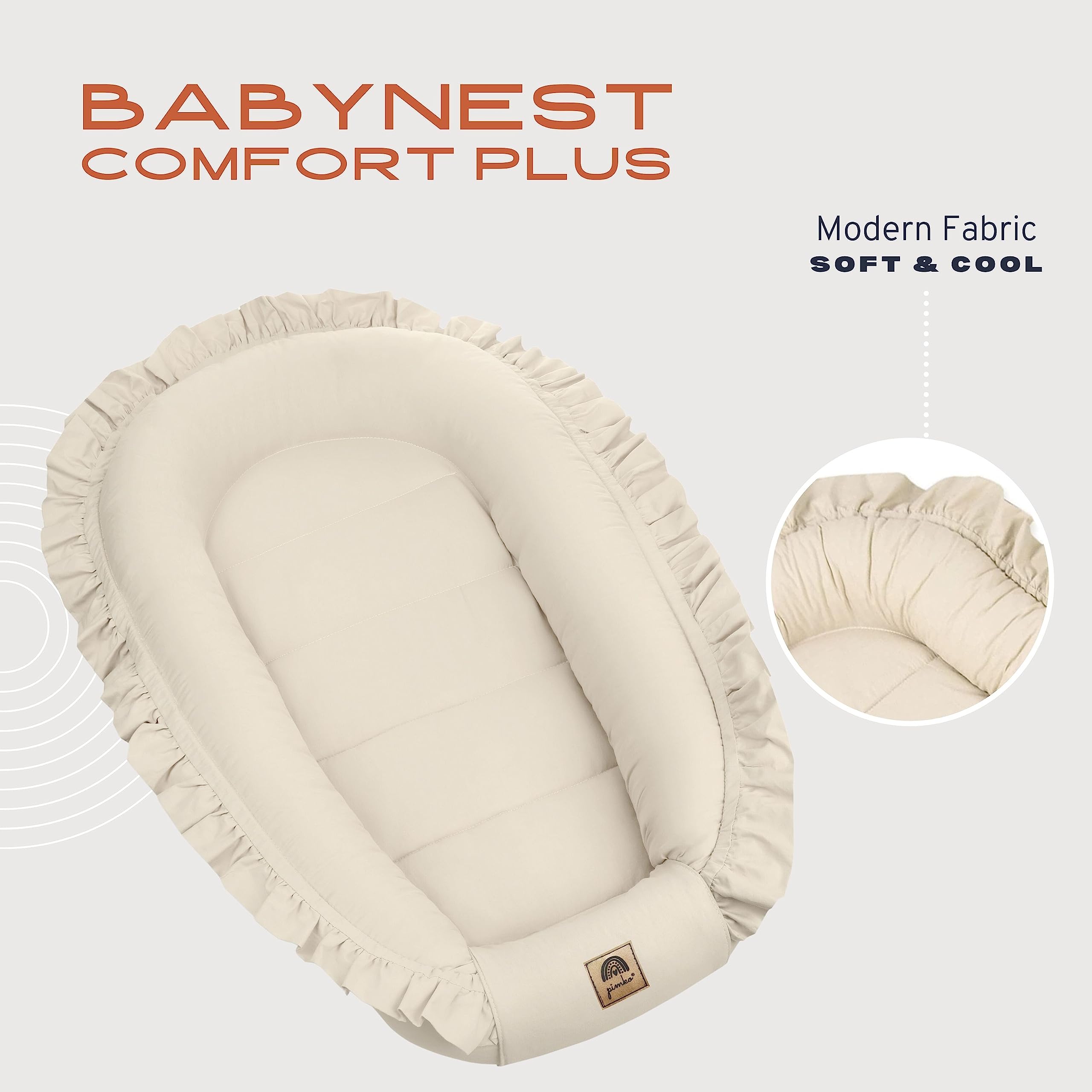 PIMKO Babynest mit rüschen Babynestchen für Baby Kuschelnest Babykokon für Säuglinge und Neugeborene 100% Baumwolle Nestchen geeignet für Zuhause 55 x 90 cm (Beige mit Klappe)