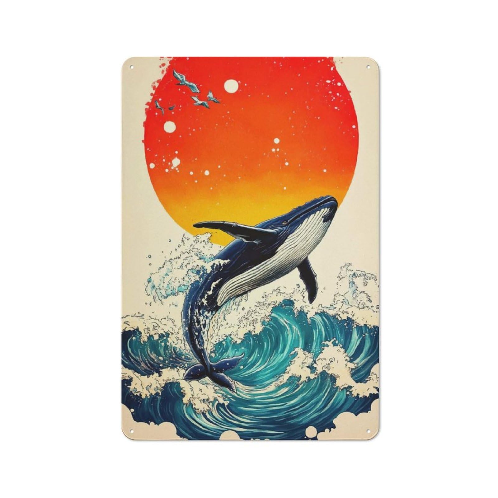 Junmoney Whale Ocean Waves Sunset Vintage Tin Sign 30X20cm Featuring For Workshop Wall, Gift For Metal Sign Collectors During The Christmas Season