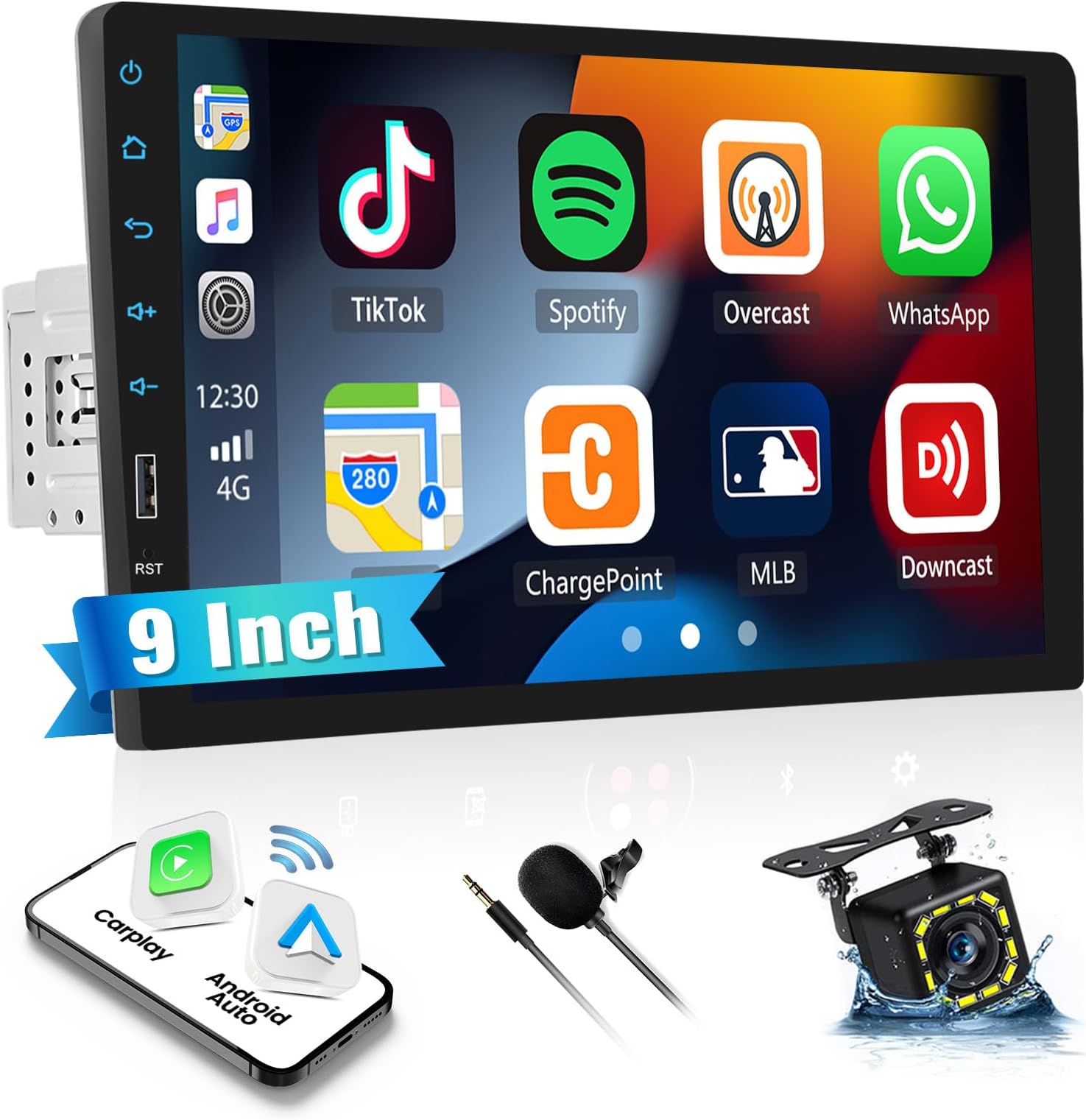 UNITOPSCI Single Din 9 Inch Touch Screen Car Stereo with Wireless Apple CarPlay Android Auto Bluetooth Car Radio Mirror Link FM Radio USB Playback/USB Charge, DVR Input with Backup Camera Mic