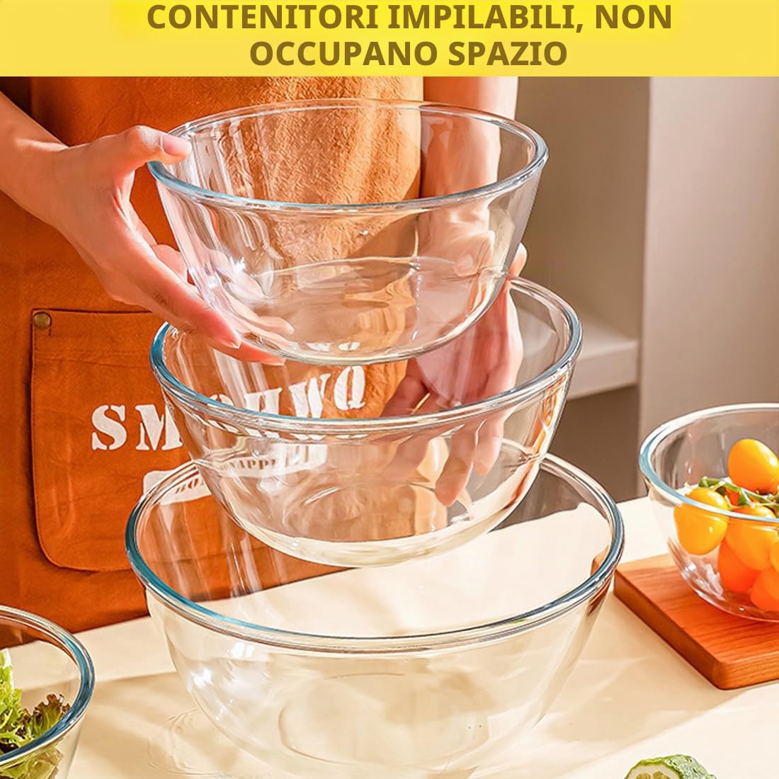 Set 3 Ciotole in Vetro Borosilicato con Coperchio Ermetico, 1050ml+2700ml+4400ml Senza BPA Resistente al Calore Impilabili per Cottura Forno Conservazione e Pranzo