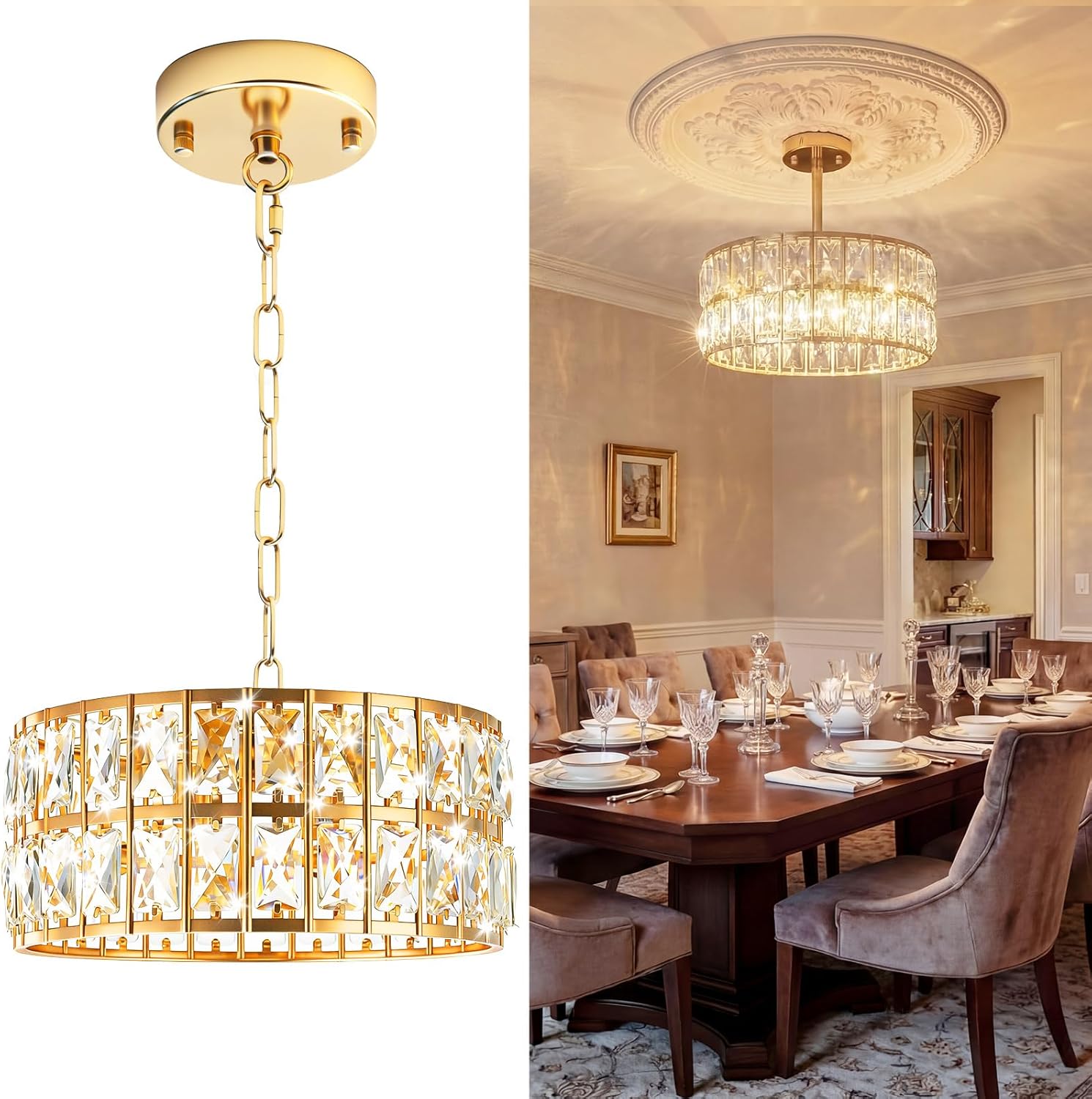 Gerrii Small Crystal Chandelier 12 Inch, Gold Semi Flush Mount Ceiling Light Fixture, Mini Chandelier for Entryway, Hallway, Bedroom & Small Spaces