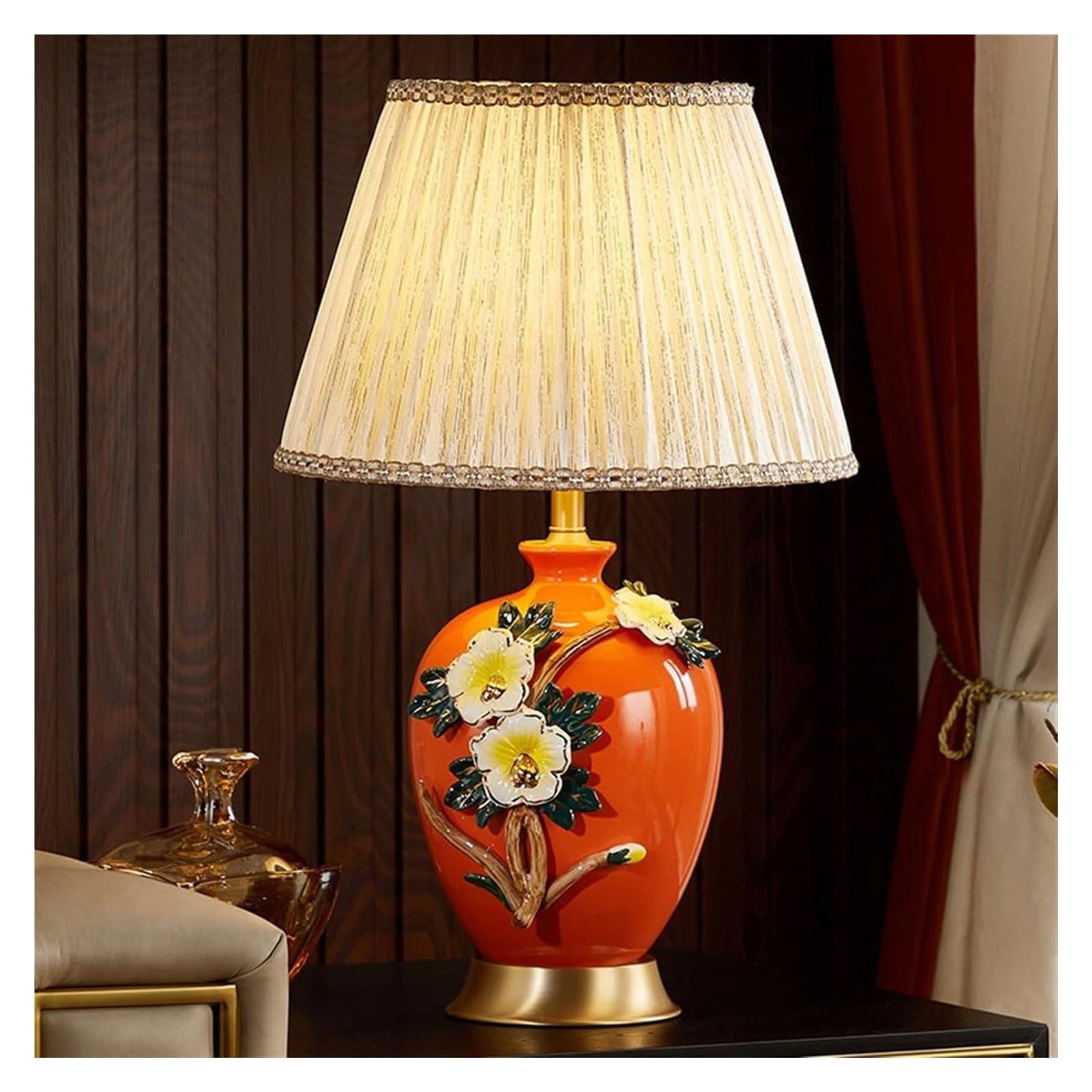 Pomarańczowa emaliowana ceramiczna lampa stołowa w kwiaty, lniany klosz Lampka nocna na biurko z miedzianą podstawą, Lampa dekoracyjna z przyciskiem