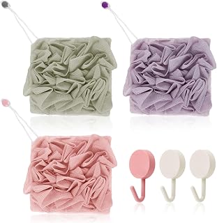 3 Pcs Bar Soap Pouch Loofah Sponge Body Scrubber with Hooks | Three elegant pastel colors ideal for daily men and women showering.