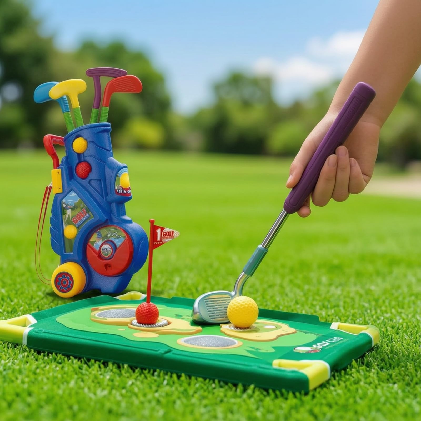 Juego Golf Infantil con Carrito Portátil Juego Golf con Alfombra Putt Ligero para Jardín