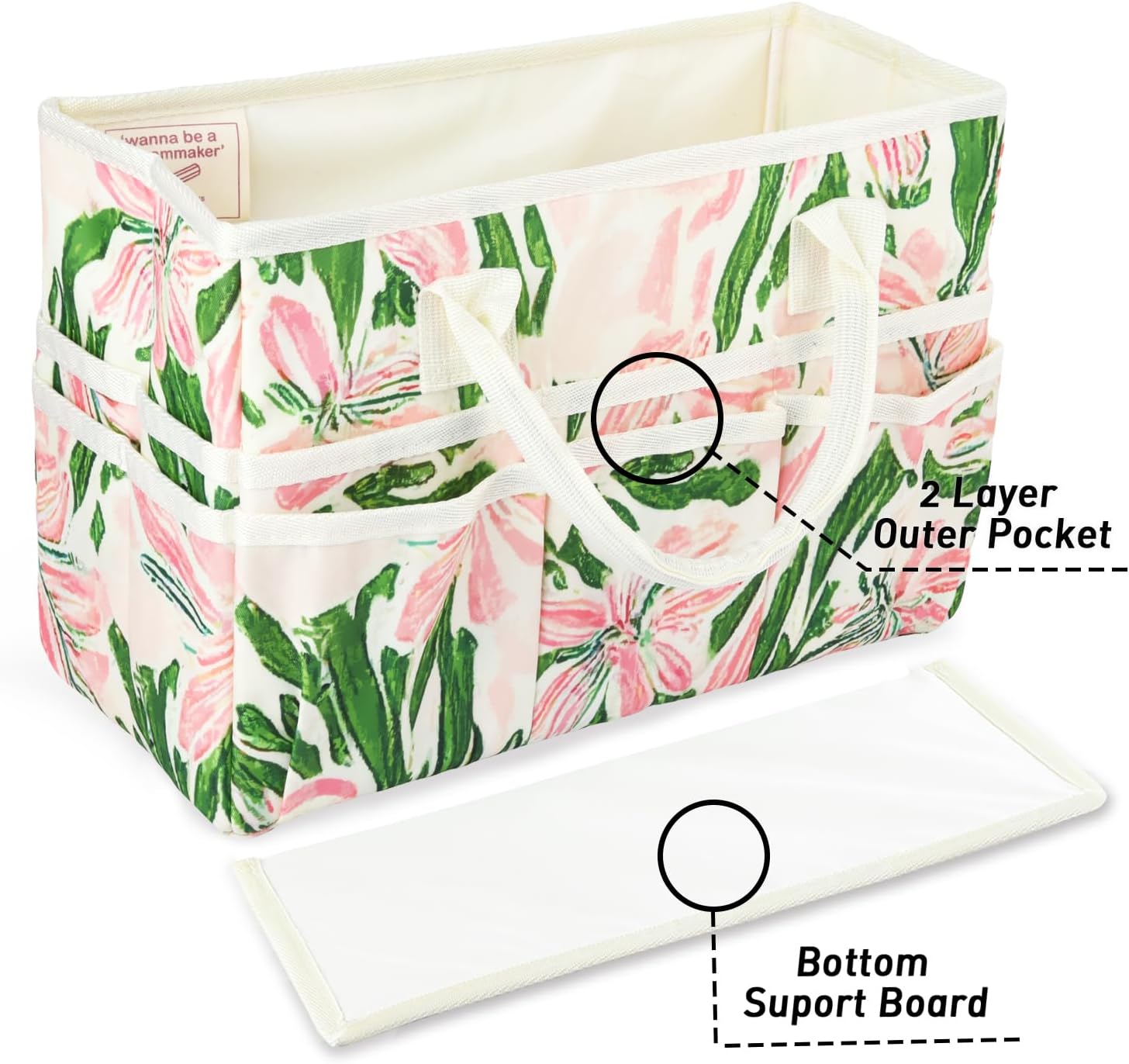 qianshan Craft Organizer Tote Bag with Multiple Pockets,Large Art Storage Caddy with Handles for Art,Craft,Journal,Sewing,Make-up,Scrapbooking,Medical and Office Supplies Storage.Green Pink Printing