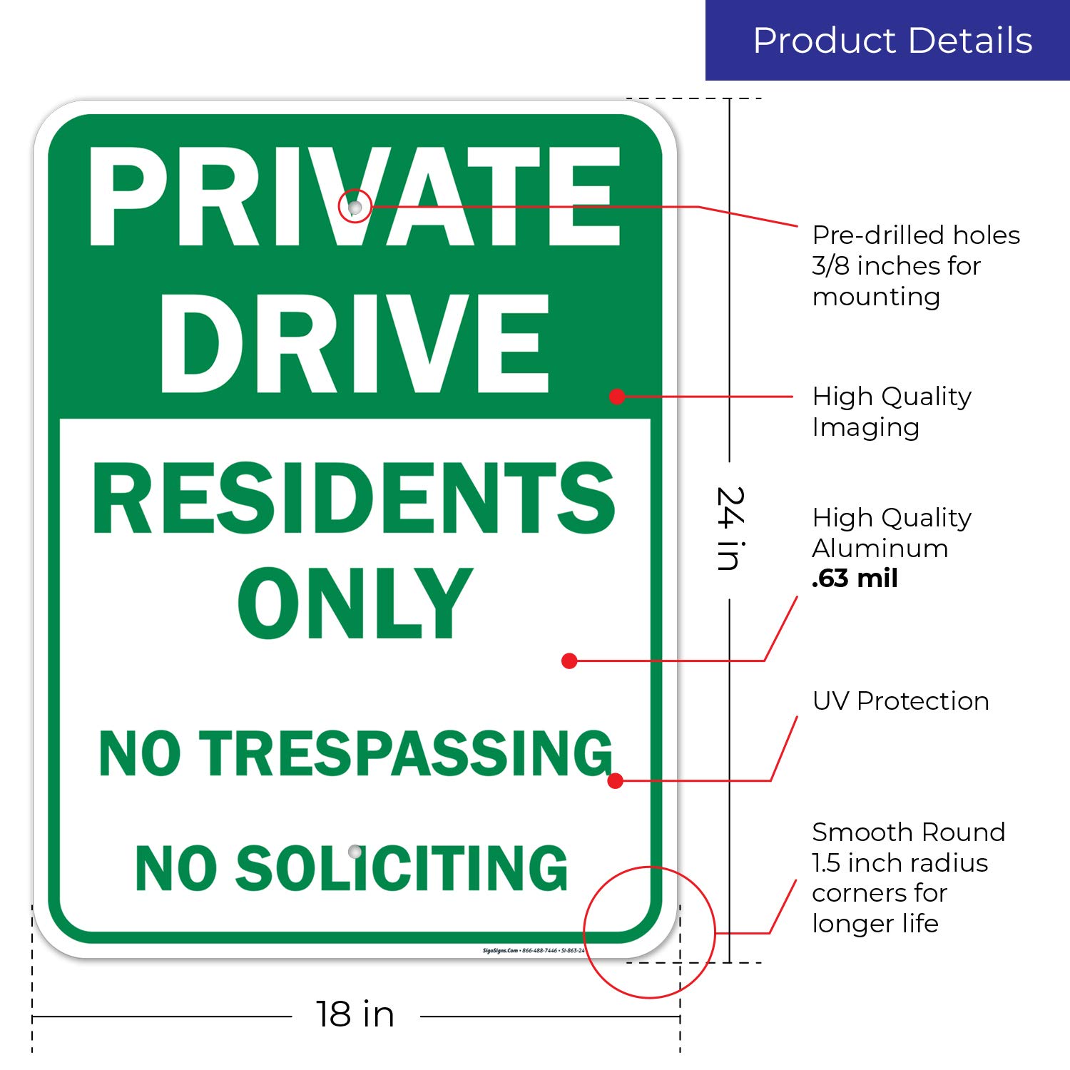 No Trespassing Private Drive Residents Only No Trespassing Soliciting, 18x24 Inches, Rust Free .063 Aluminum, Fade Resistant, Easy Mounting, Indoor/Outdoor Use, Made in USA