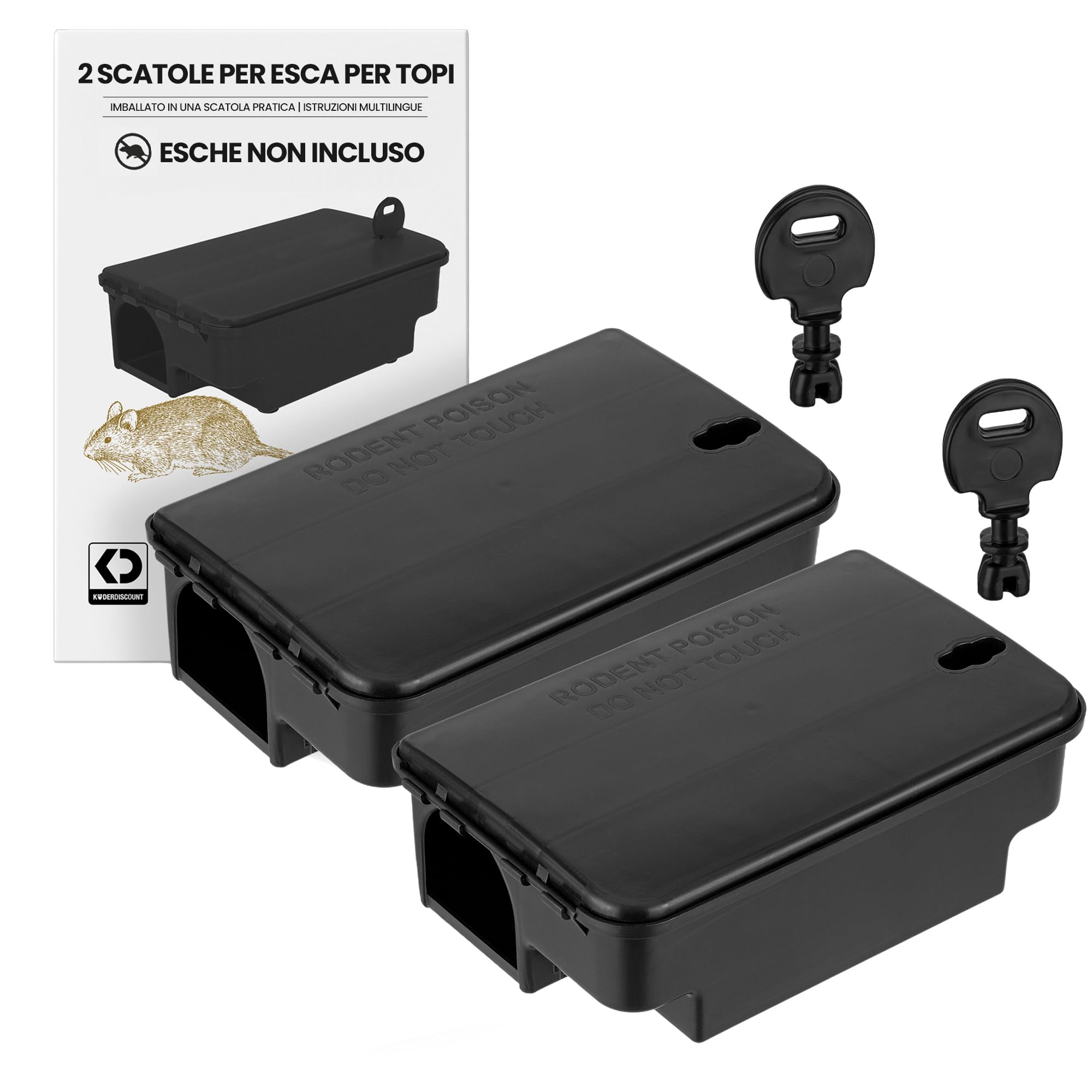 Köder-Discount Stazione per esche per topi (Esche non incluso) – 2 Trappola per topi resistente e sicure con ingresso doppio, chiave e coperchio che evitano il contatto diretto (22 x 14 x 8 cm)