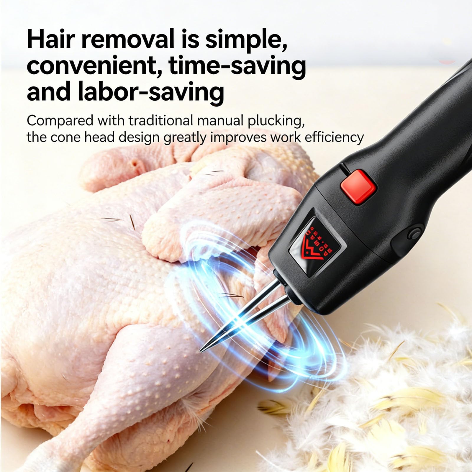 Máquina eléctrica de plumas de aves de corral, diseño de mano con cabezal desmontable y ajuste automático de cono para procesamiento de pollo, pato y ganso