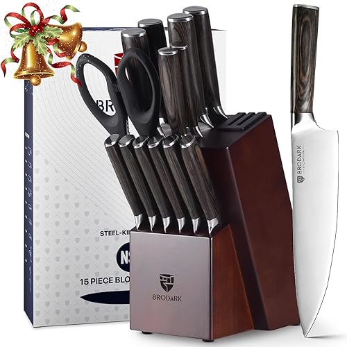 Knife Block Set: Ultra Sharp Kitchen Knife Set with Block and Sharpener, 15 Piecs Full Tang German Stainless Steel Professional Knife Set with Ergonomic Handle, Christmas Gift