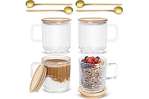 Set of 4 Clear Glass Mugs with Bamboo Lids & Spoons for Coffee, Tea
