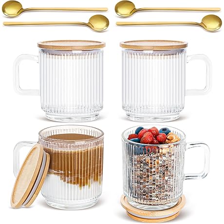 Set of 4 Clear Glass Mugs with Bamboo Lids & Spoons for Coffee, Tea