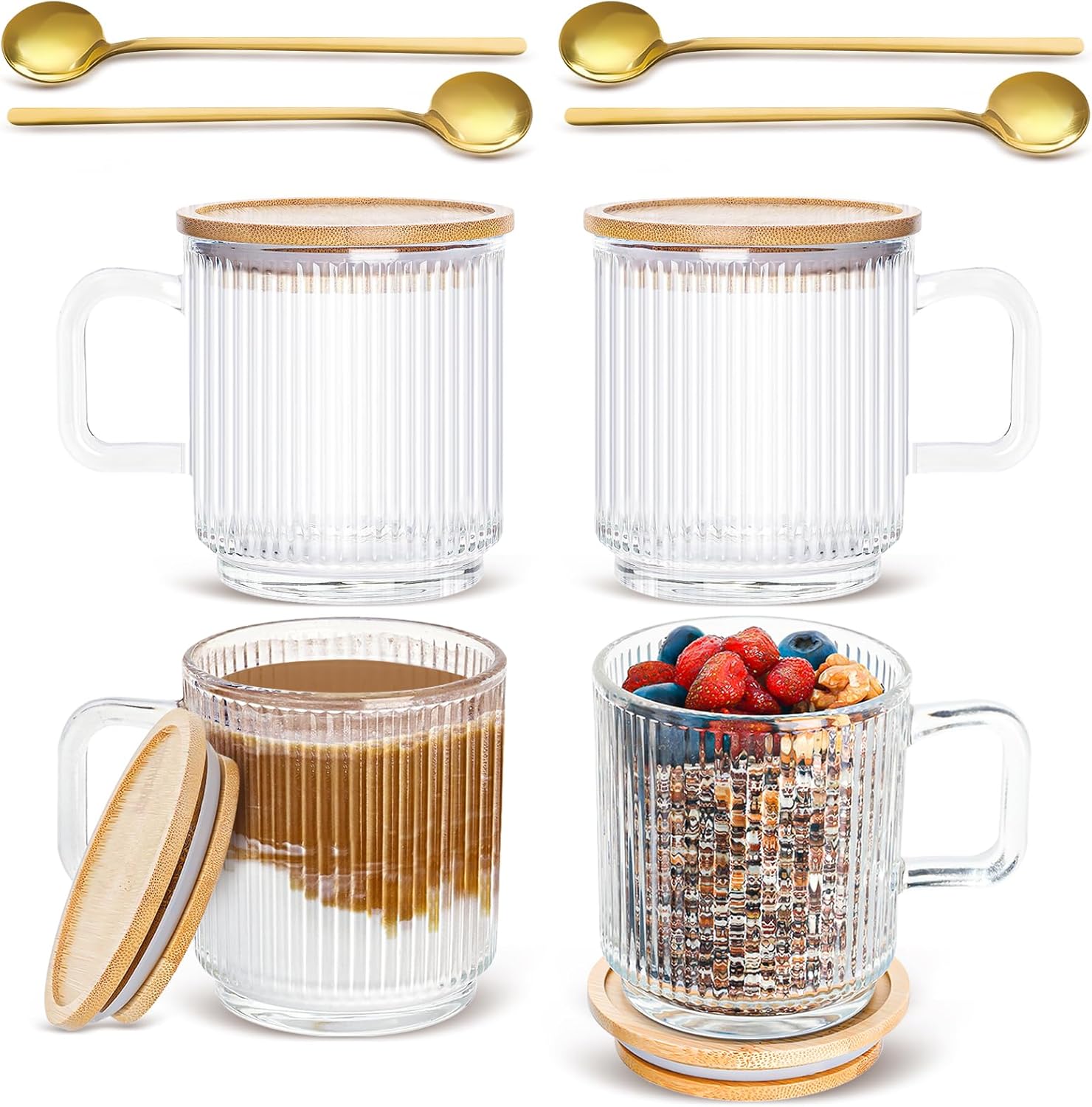 Set of 4 Glass Coffee Mugs with Bamboo Lids and Spoons, 12oz Vintage Coffee Mug, Ribbed Glassware for Latte, Tea, Cappuccino, Cute Coffee Bar Accessories Clear Glass Coffee Cups for Hot/Cold Beverages