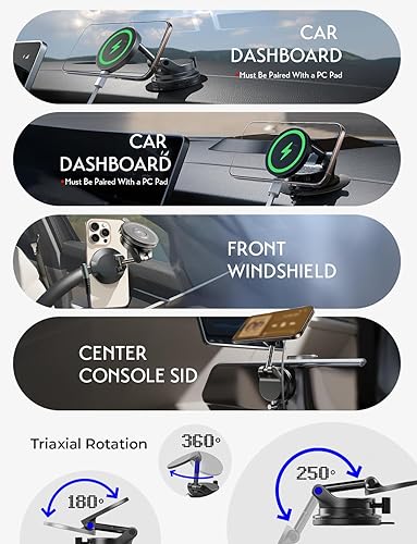 Miniatura 5 de LISEN Cargador Magsafe de 15 W para automóvil, SuctionPro Cargador inalámbrico para automóvil, soporte de teléfono con ventosa, soporte magnético de