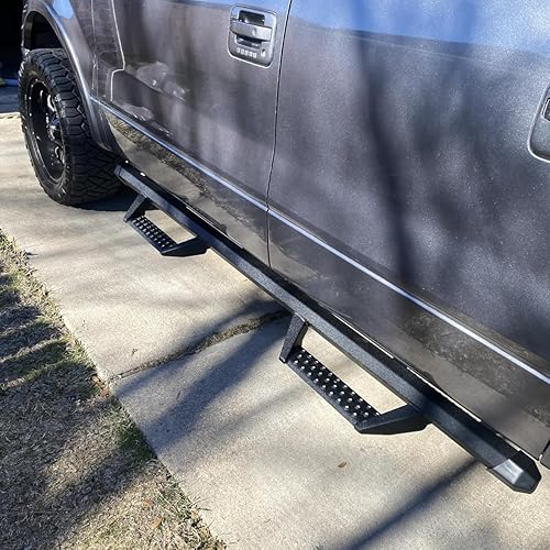 Estribos compatibles con Ford Ranger SuperCrew Cab 2019-2024. Barras laterales de polvo negro texturizado de doble etapa.