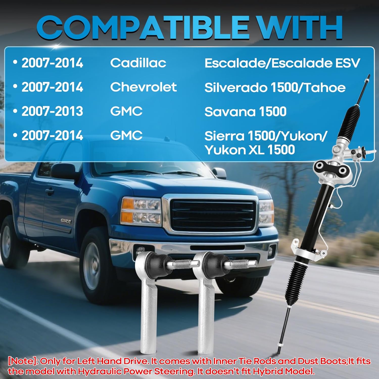 Hydraulic Power Steering Rack and Pinion Compatible with 2007-2013 Chevrolet Silverado 1500, GMC Sierra 1500 with Outer Tie Rod Ends