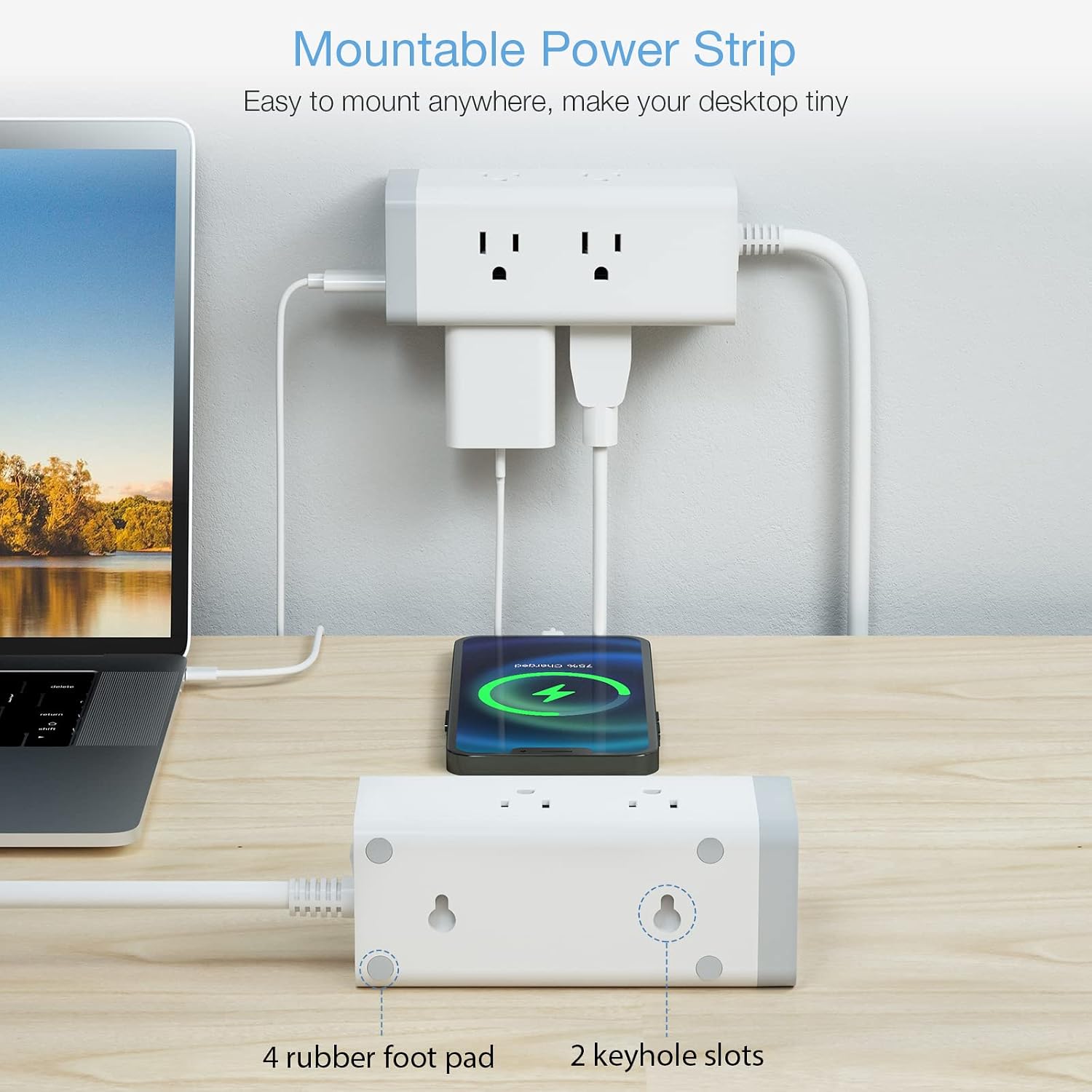 Surge Protector Power Strip 10 FT Cord, TESSAN Long Extension Cord with 6 Outlet and 3 Wall Charger, 3 Prong Flat Plug, Desk Charging Station for Home Office Supplies, Dorm Room Essentials, White