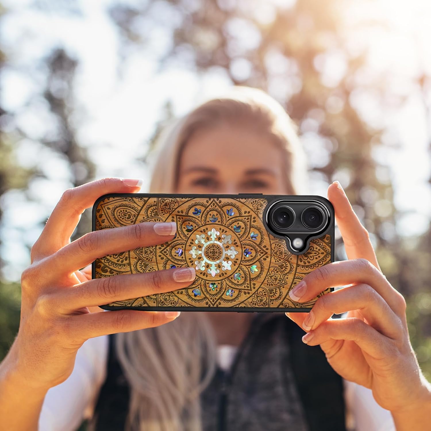 Carveit Magnetic Wooden Case for iPhone 16 Case, Wood Artisan Engraved & Handmade Shell Inlaid, TPU Shockproof Cover, Compatible with MagSafe Wireless Chargers (Mandala Floral) Cherry