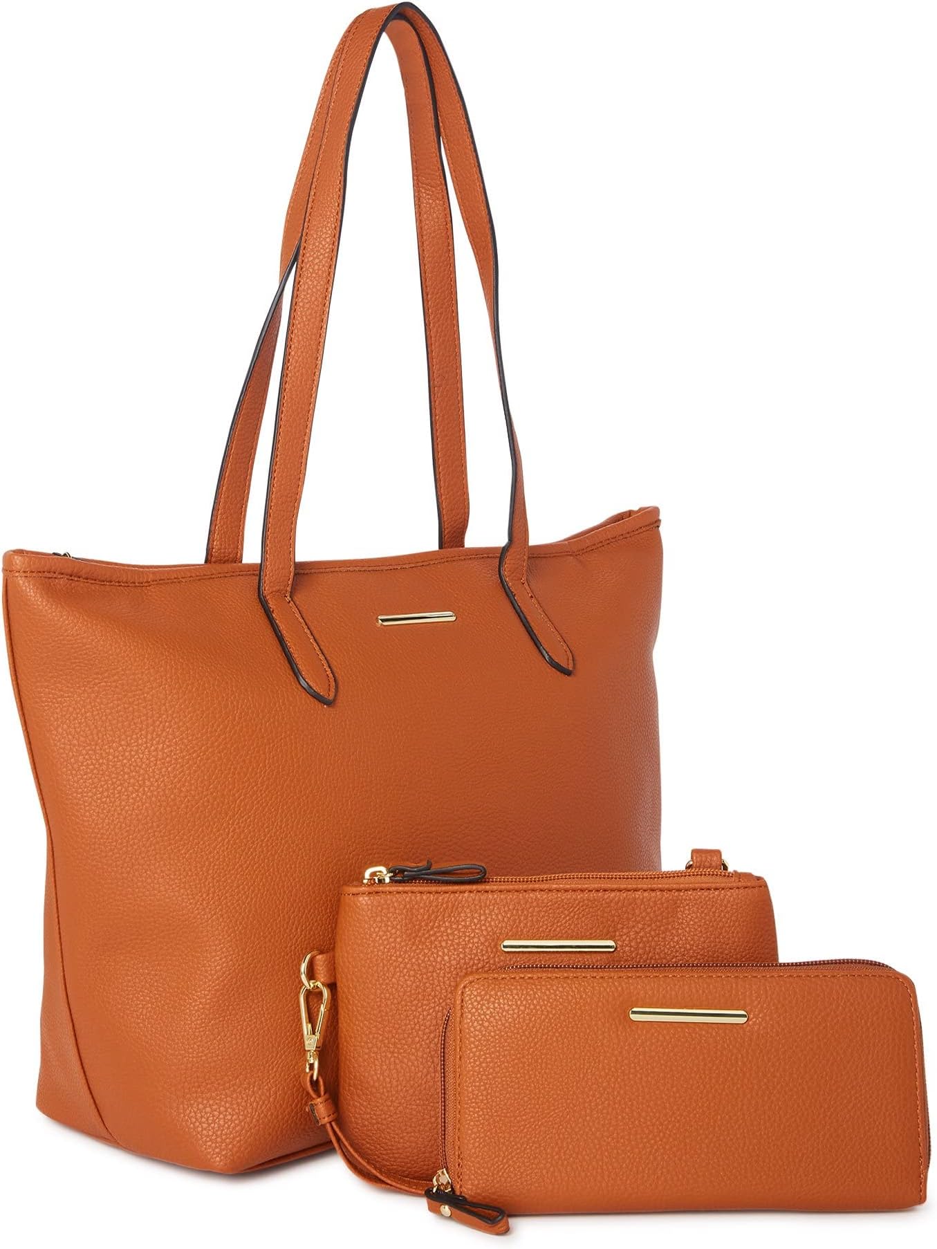 Time Truand Women's Faux Leather Vegan 3-Piece Handbag Set Tote, Wristlet and Wallet, Cognac