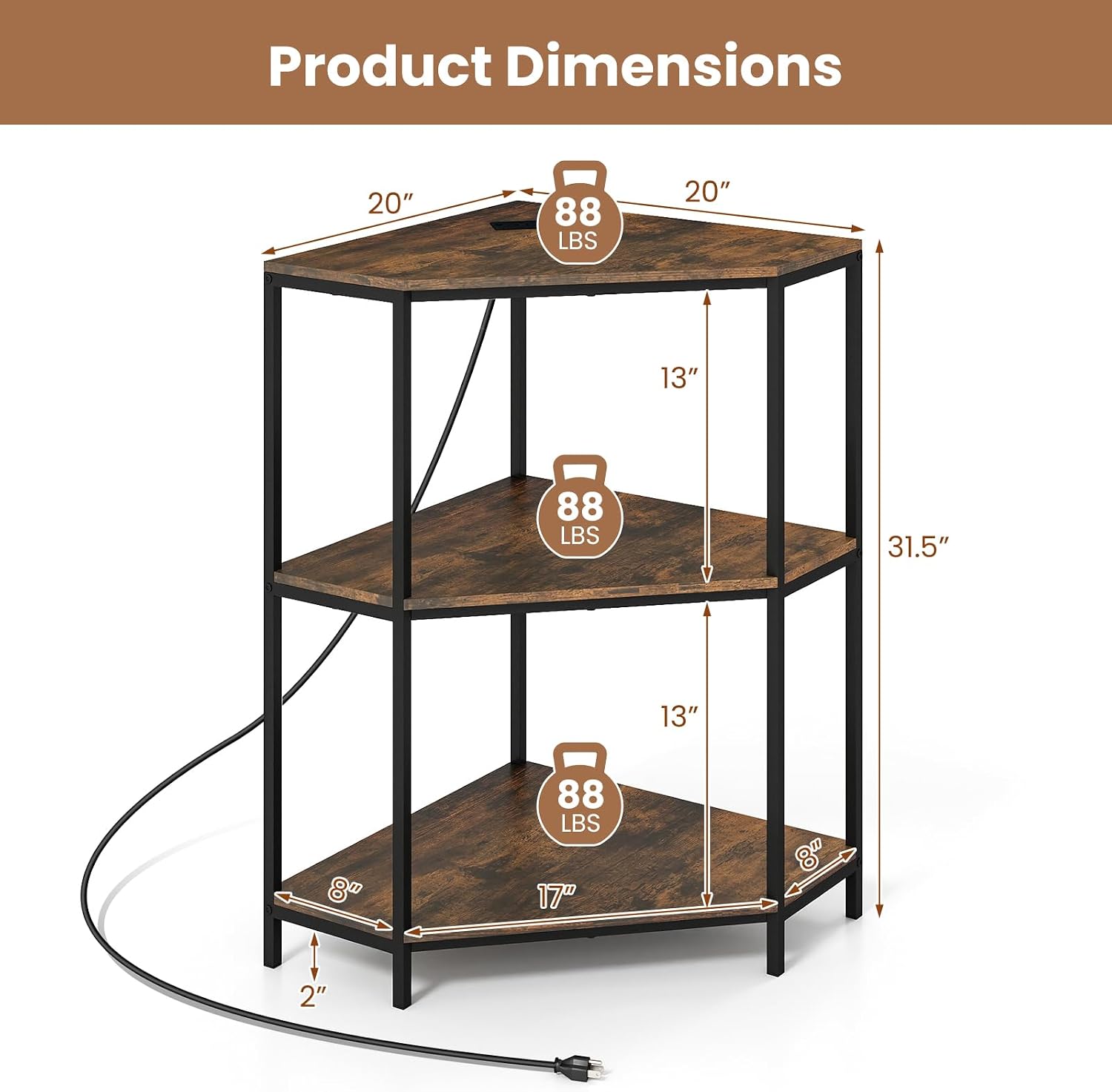 GOFLAME Corner Printer Stand with Charging Station, 3-Tier Printer Table with Metal Frame, Triangle Desk, Industrial Corner Storage Shelf for Home Office, Living Room, Rustic Brown (1)