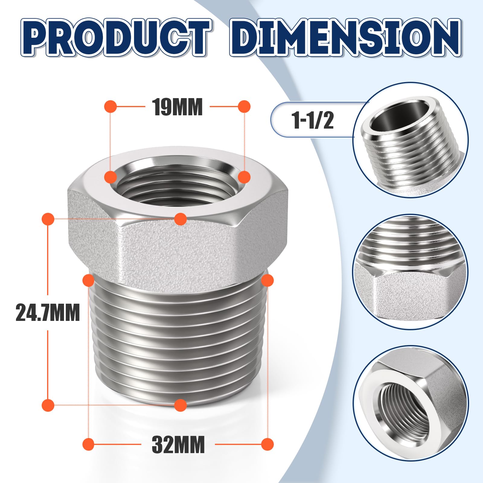 Bwintech 2 Pz da 1/2" femmina a 1" maschio con filettatura BSP Connettore esagonale inossidabile di riduzione per la conversione del collegamento dei tubi