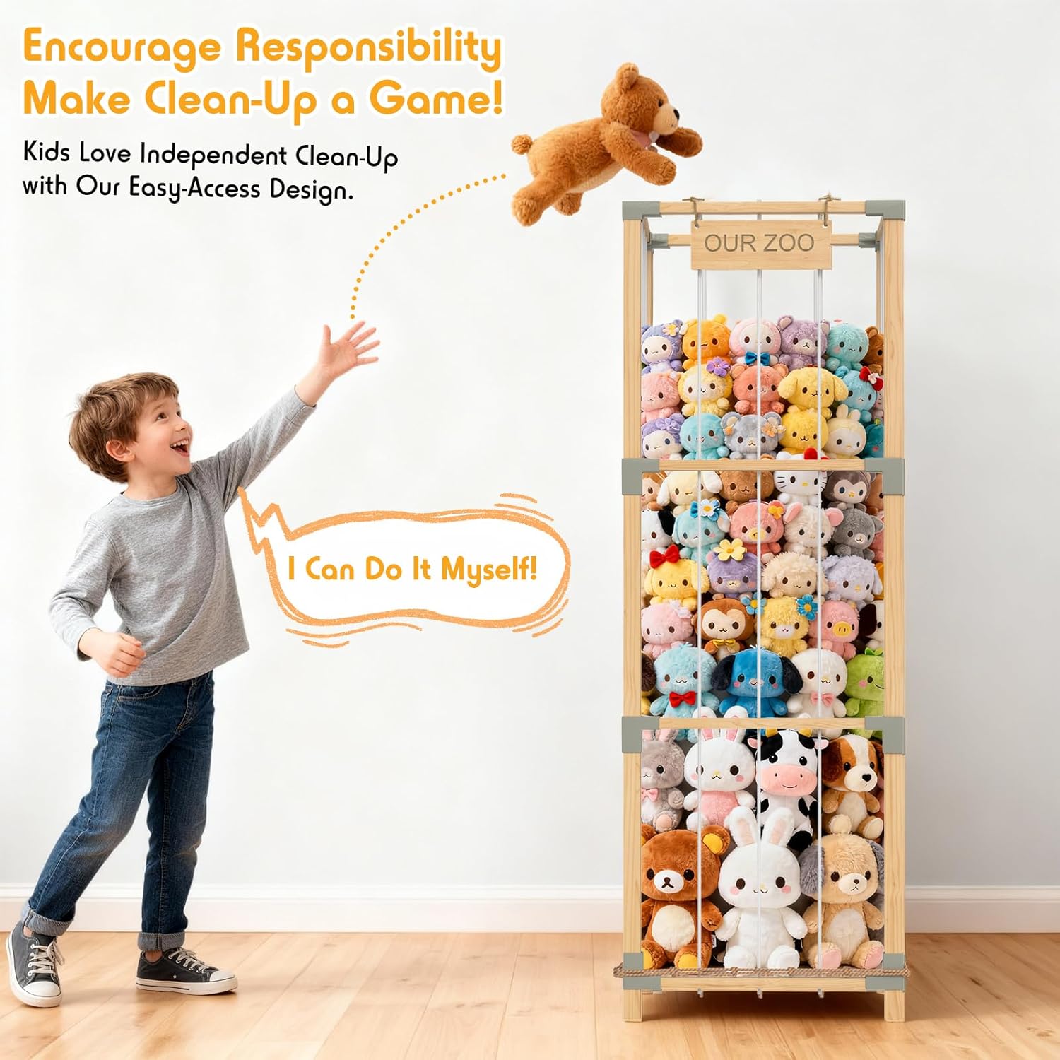 200L Stuffed Animal Zoo Storage, 3-Tier Extra Large Stuffed Animal Holder, Solid Bamboo Plushies Storage Tower with Mesh Pocket and Elastic Cords, Space Saver for Nursery Playroom Bedroom - Image 5