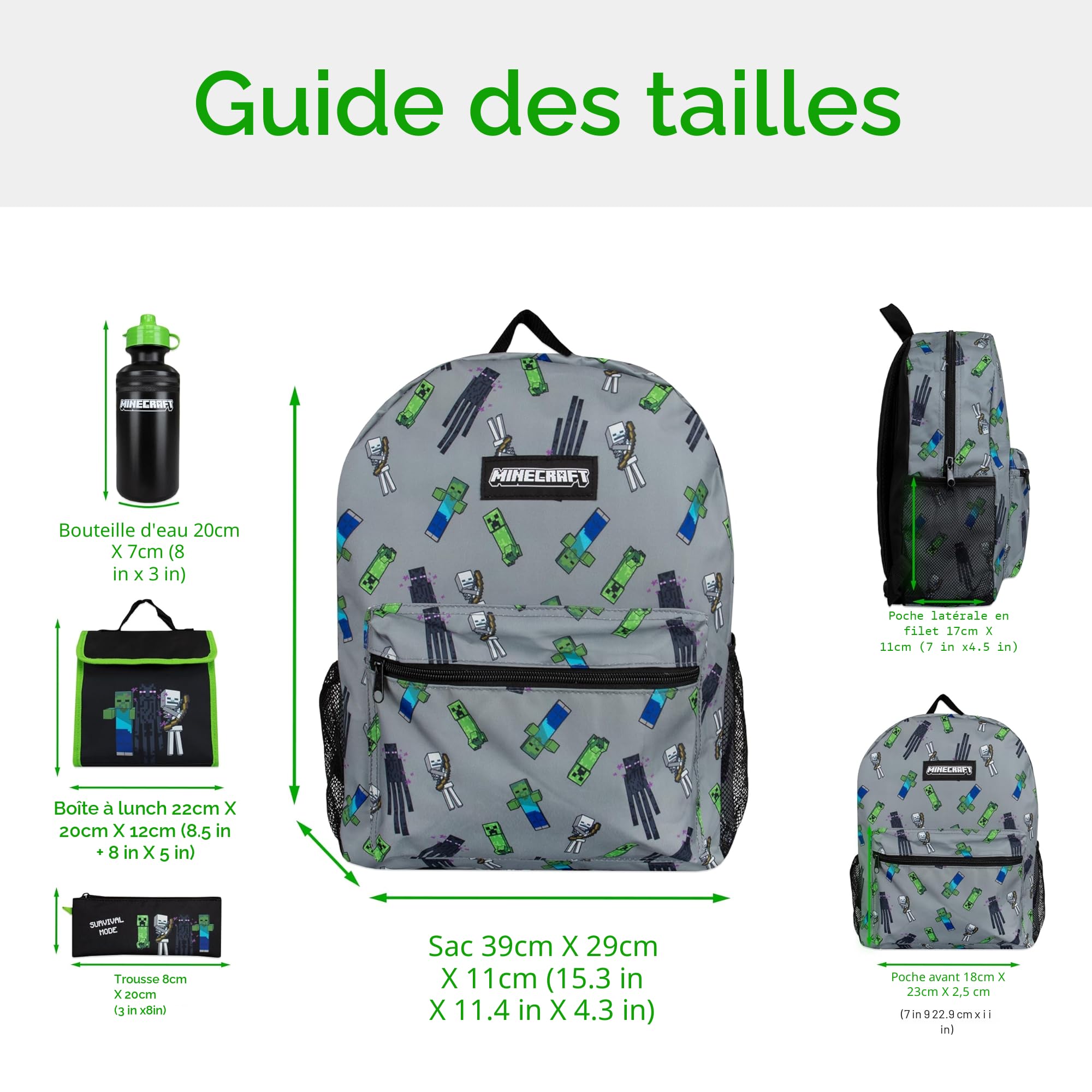 Minecraft Sac d’école Ensemble de sac à dos d'école pour garçon | Trousse scolaire pour garçon | Ensembles de sacs d'école | Taille unique Noir