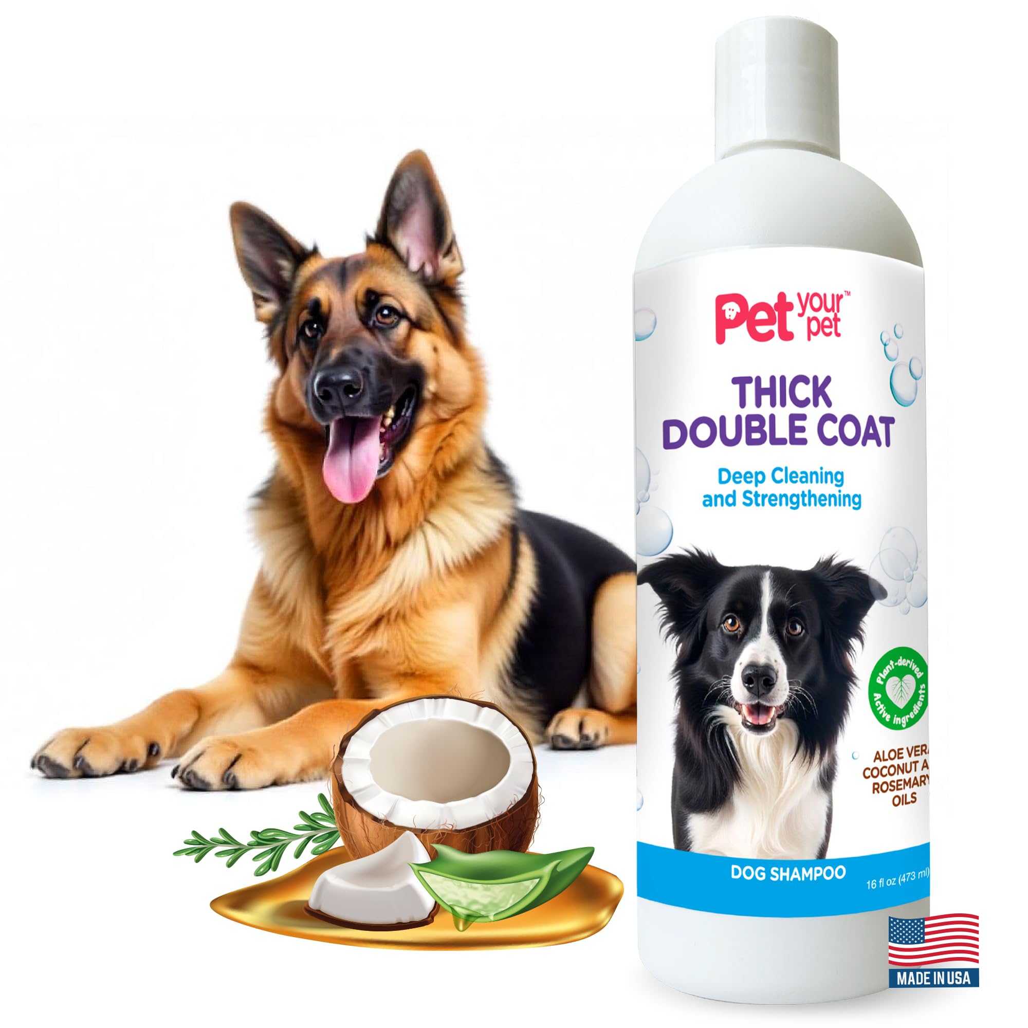 Natural Dog Shampoo for Thick Coats – Deep Cleaning Wash with Aloe, Coconut & Rosemary Oil – Deodorizing for Golden Retrievers, Huskies & German