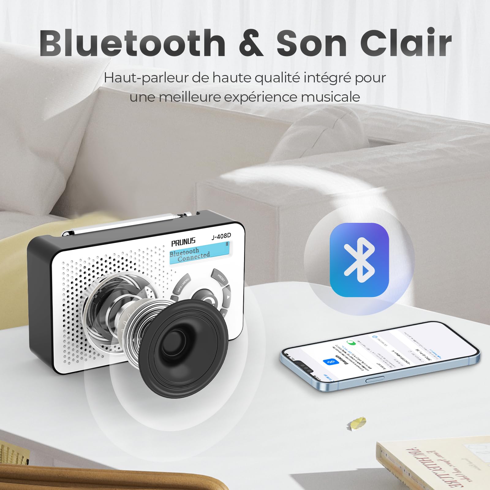 PRUNUS J-408 Radio Dab/Dab+ Portable Numérique avec Batterie Rechargeable 2000mAh, FM Radio Dab Plus avec Bluetooth, Double Réveil, Minuterie de Mise en Veille, USB-C, 40 Stations Préréglées