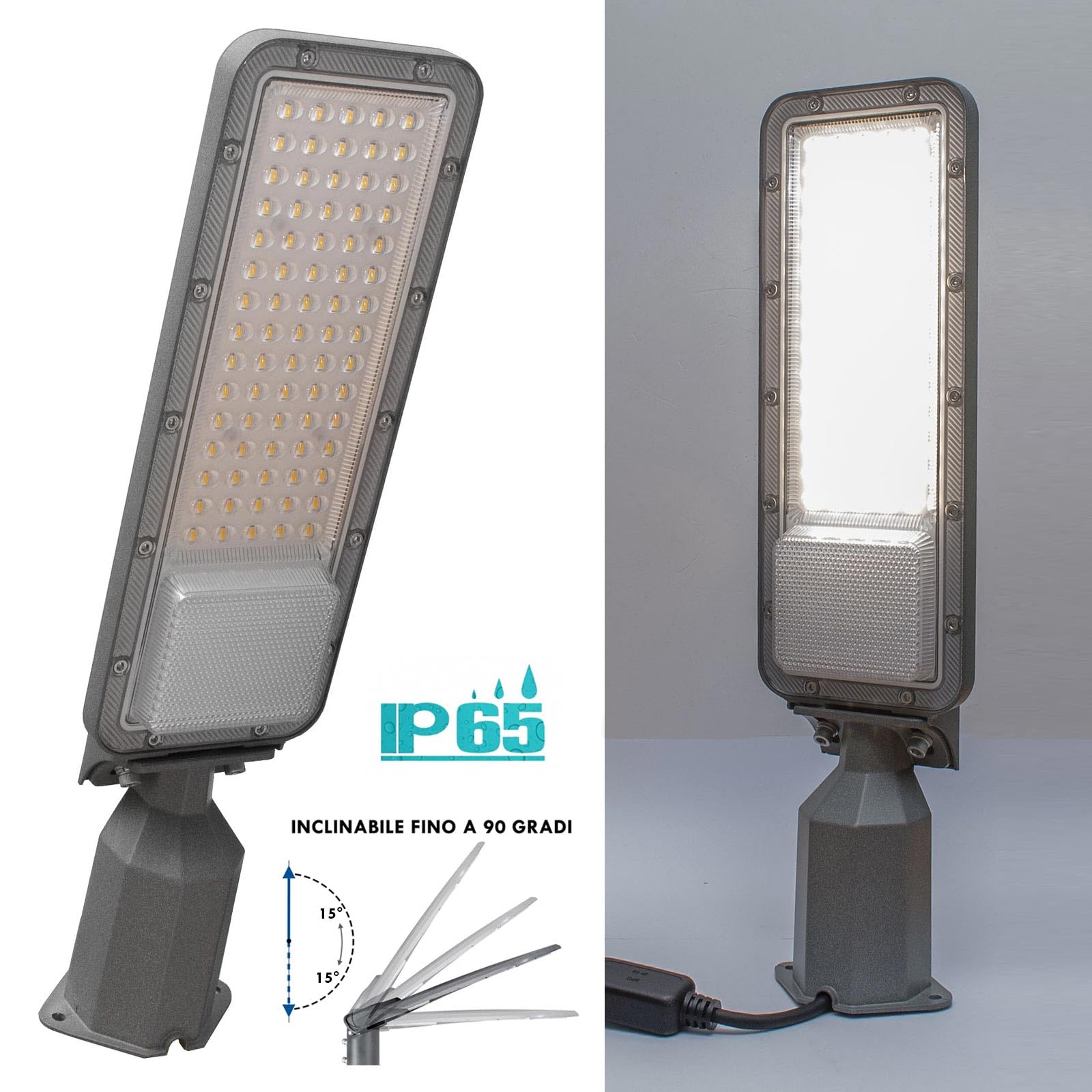 Planetitaly Faro Armatura Luce Stradale IP65 Lampione LED 50W inclinabile 90° Led 4000K 5000lm 230V, Ideale per Campi da Calcio, Tennis, Padel, Giardino, Garage, Parcheggio, Viale, Luce di Sicurezza