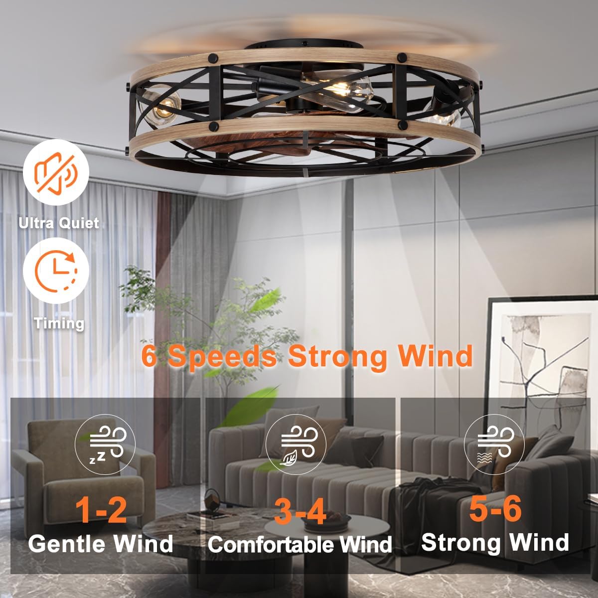 SHLUCE Caged Ceiling Fan in a living room, illustrating different fan speeds and quiet operation.