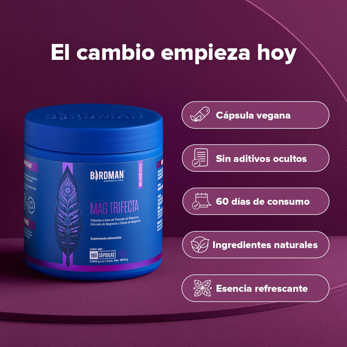 Birdman Mag Trifecta 270 mg Treonato, Glicinato y Citrato de Magnesio | Distintos Beneficios | Fórmula Limpia Sin Aditivos | Cápsula Vegana | Suplemento Alimenticio | 60...