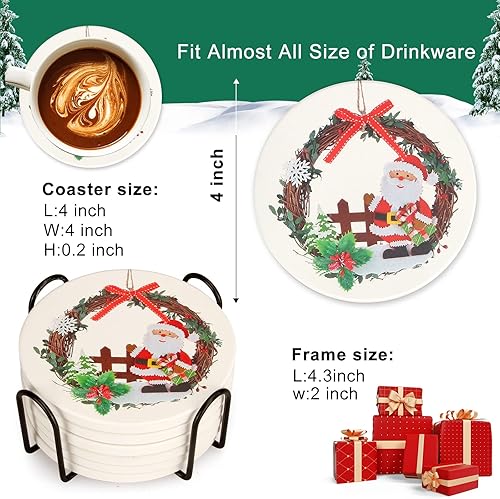 Miniatura 5 de Juego de 6 posavasos de cerámica para Navidad con soporte, ideal para regalo, posavasos redondos de Papá Noel, juego de posavasos de mesa vintage
