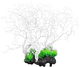 LOGOFUN Aquarium Sea Fan Coral Decorations Artificial Coral Ornament Plastic Sea Fan Coral Fish Tank Sea Fan Coral for Home Office Decor - White