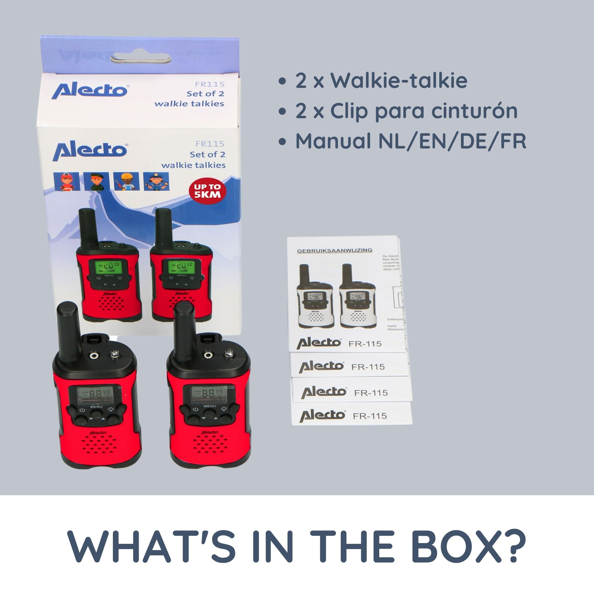 Alecto FR-115RD - Set de Dos Walkie Talkies para niños - Walki Talki con Alcance de hasta 7 kilómetros - Walky Talky 8 Canales - Linterna integrada - Pantalla iluminada - Rojo