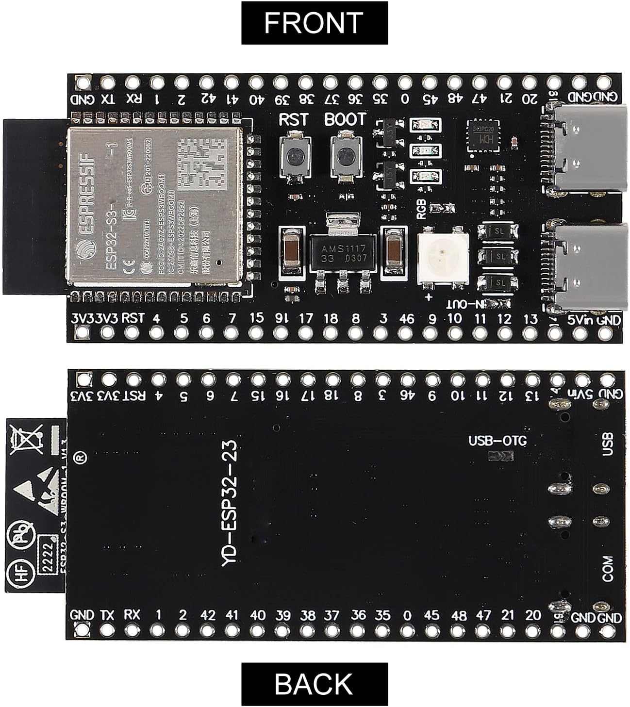 Front and back view of the ESP32-S3-DevKit C N16R8 development board.