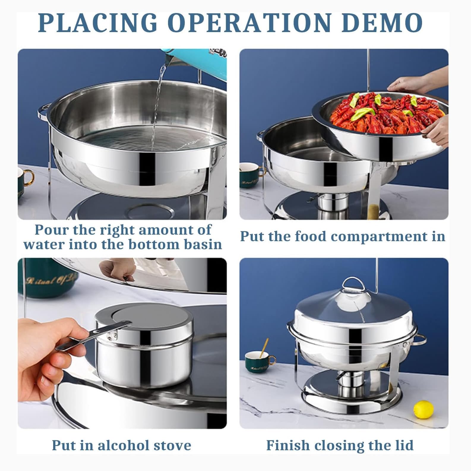 Juego de platos de acero inoxidable con cubierta para colgar, incluye bandeja para alimentos, bandeja de agua, soporte de combustible, ideal para catering, fiesta, boda, equipo de buffet